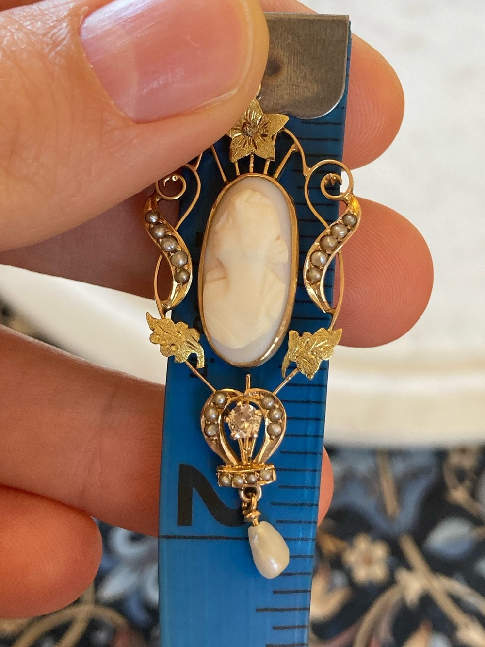 Antique Victorian 10K Diamond, Seed Pearl, Angel Skin Coral Carved Cameo Pendant - Picture 17 of 17